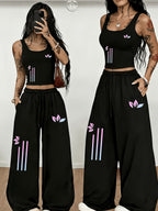 Western Street Style Black Sleeveless Vest Wide-Leg Pants Two-Piece Set Women'S Summer Casual Athletic Outfit Loose High-Waist Long Pants Set - Mixed colors