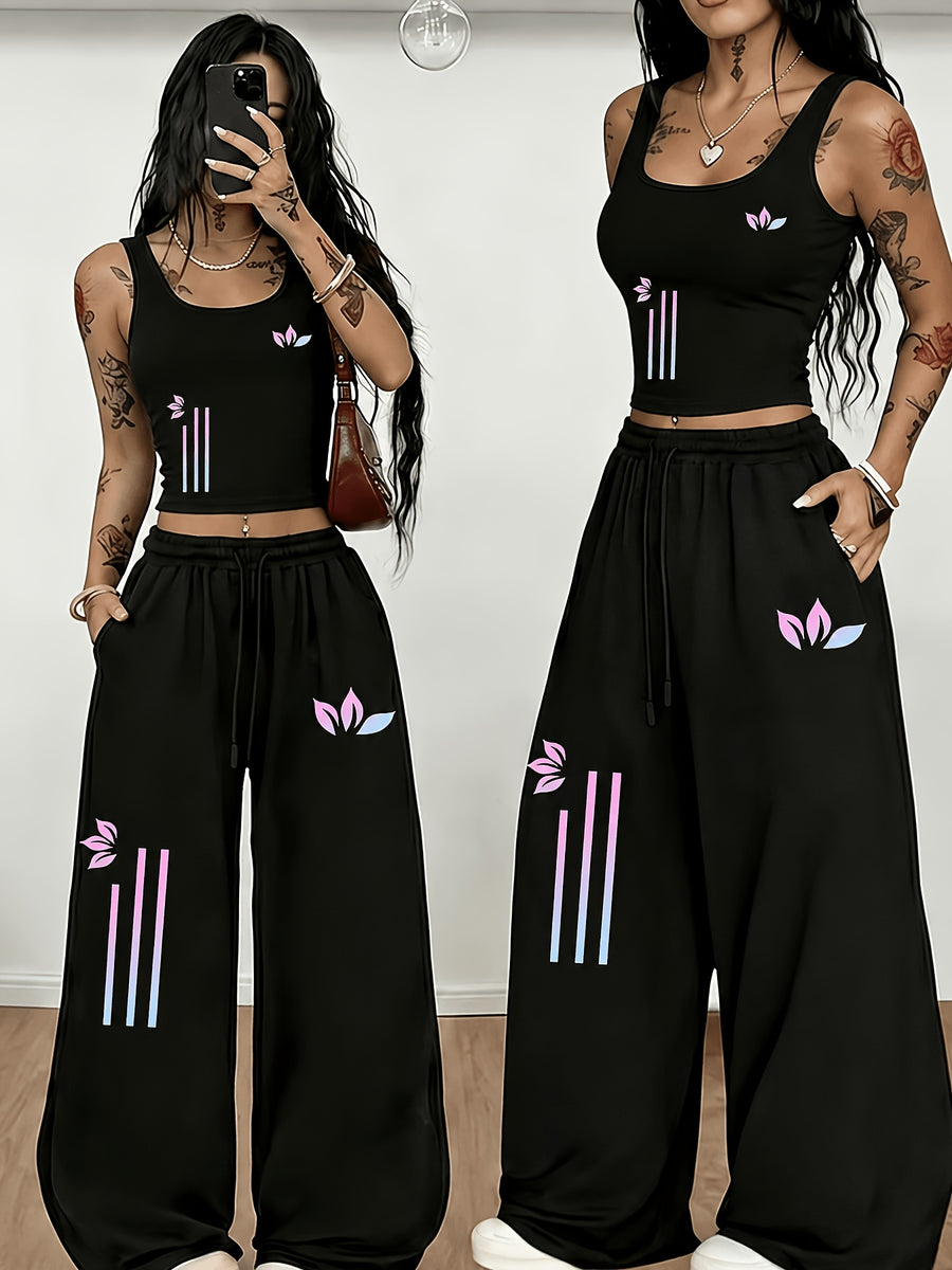 Western Street Style Black Sleeveless Vest Wide-Leg Pants Two-Piece Set Women'S Summer Casual Athletic Outfit Loose High-Waist Long Pants Set - Mixed colors