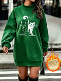 Cute Double Cat Heart Print Half-Turtleneck -Lined Sweatshirt Dress for Women, Autumn/Winter Loose Fit Thickened Midi-Length Top - Green