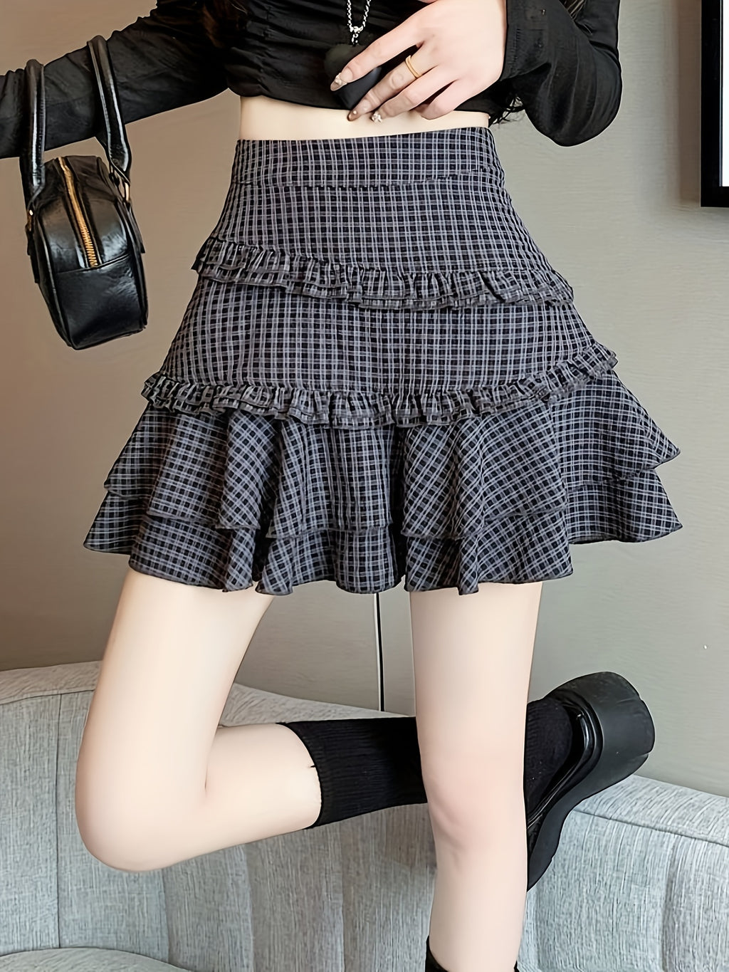 Retro Plaid Ruffle Skirt Women'S Anti-Exposure Design Niche High-Waisted Versatile A-Line Skirt - Lattice