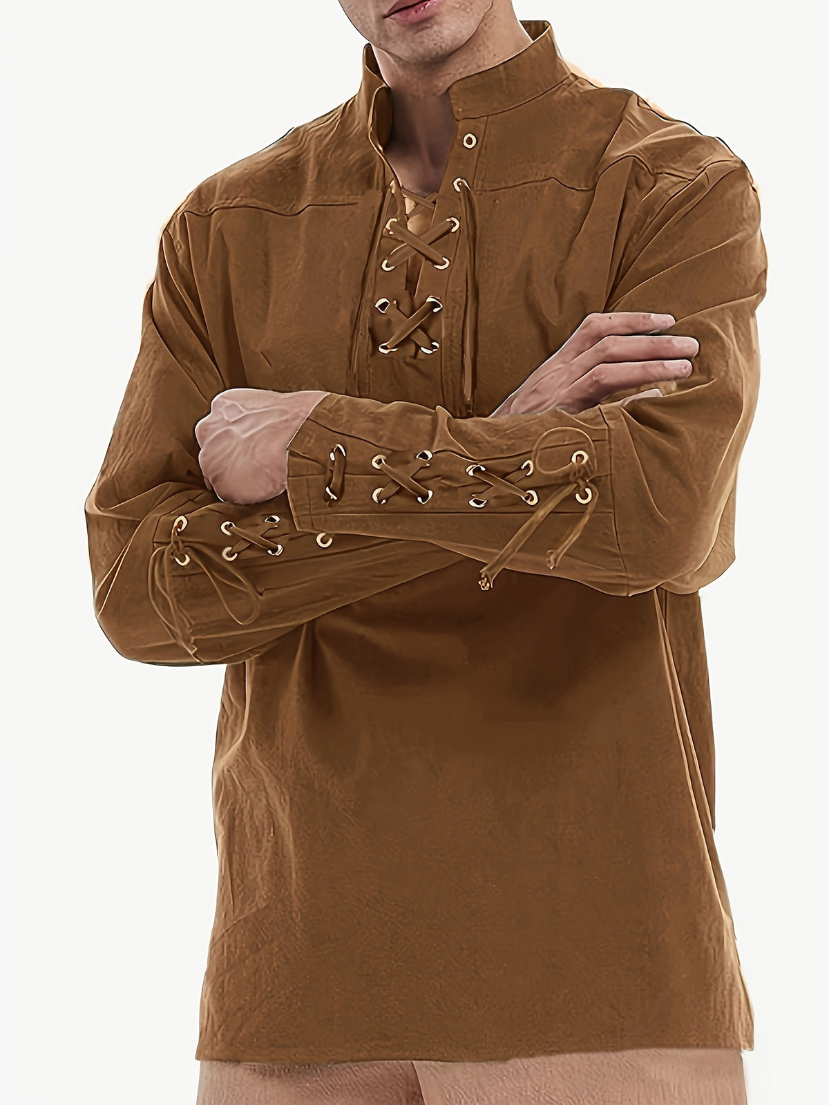 New Medieval Men'S Pirate Shirt Retro V-Neck Lavender Punk Gothic Blouse Viking Tie-Up Top - Dark Brown