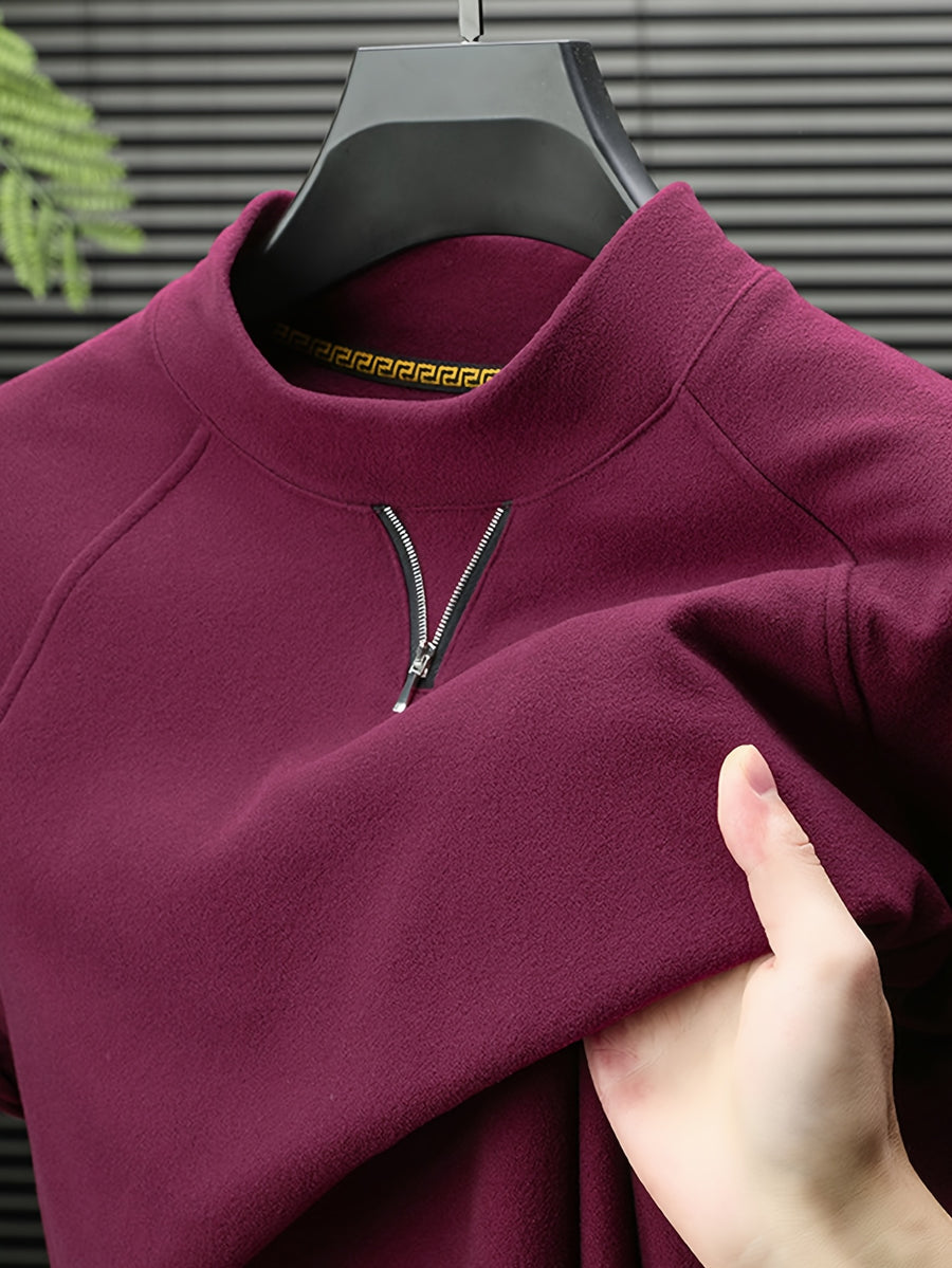 Men's Half-Turtleneck V-Neck Long-Sleeve Base Layer with Small Zipper, Understated and Mature, Seamlessly Transitions Between Business and Casual Settings - SINBOS - Rose Red