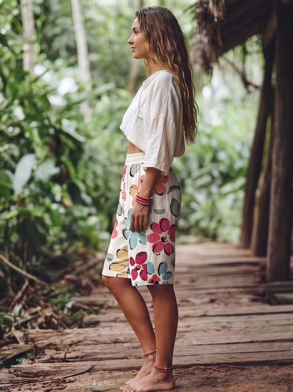 Women's Casual Shorts, Bohemian Floral Print Wide-Leg Knee-Length Pants, Summer Faux Elastic Waist Loose Fit Vacation Casual Capris - Mixed colors