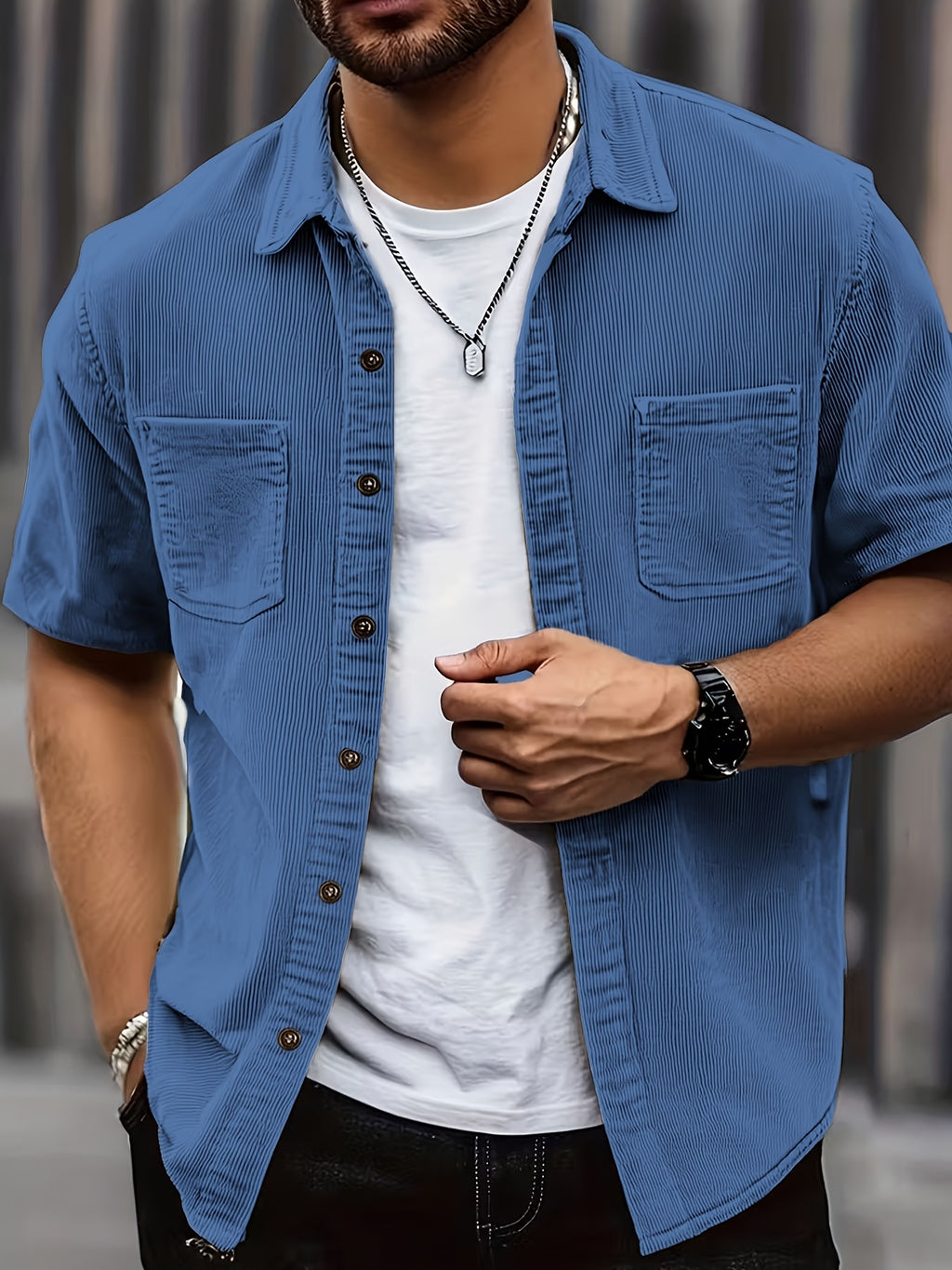 [Textured Corduroy] Men'S Short-Sleeved Shirt Double Pocket Loose Slimming Commuter Jacket - Blue