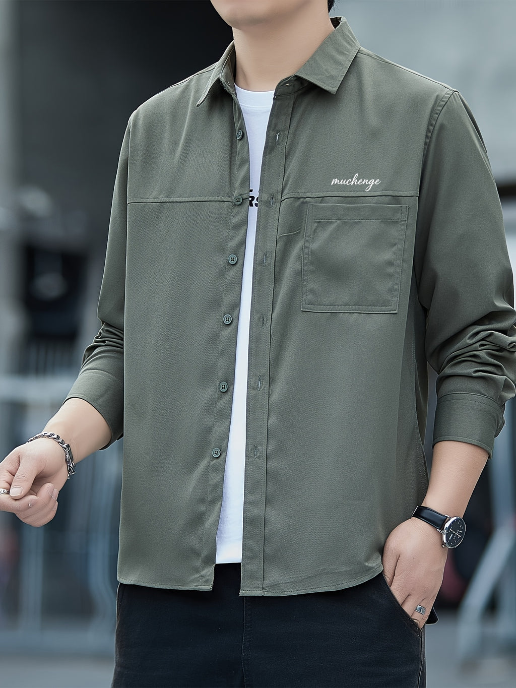 Men'S Long Sleeve Shirt Patchwork Single Pocket Letter Print Outdoor Casual Spring Autumn Regular Daily Commute Office Date Party - Military Green