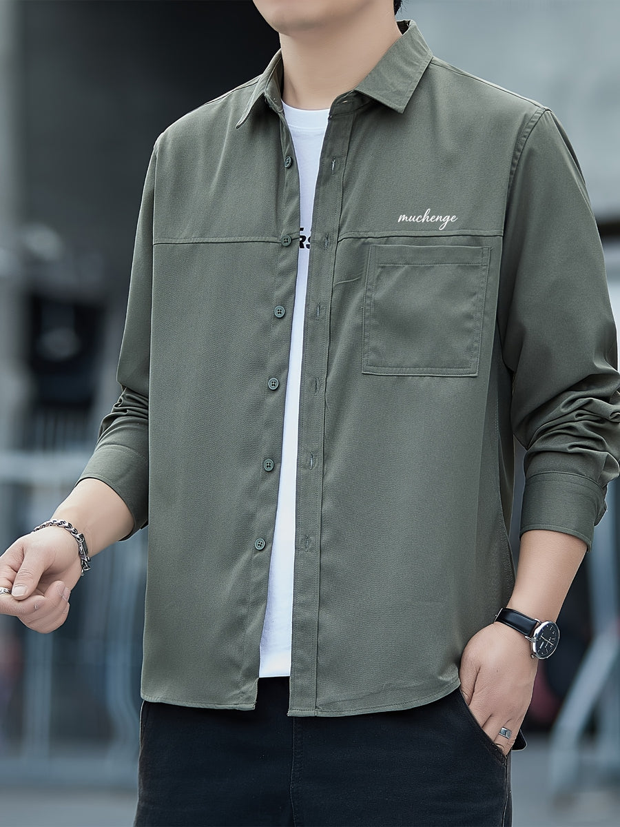 Men'S Long Sleeve Shirt Patchwork Single Pocket Letter Print Outdoor Casual Spring Autumn Regular Daily Commute Office Date Party - Military Green