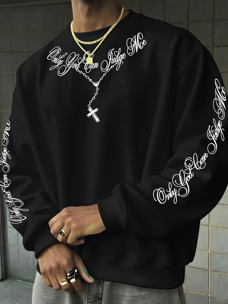American Street Style Men's Sweatshirt, Cross Necklace Print, Loose and Versatile - Black