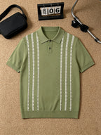 Luxury Fine Vertical Jacquard Pattern Collared Knit Polo for Men, Breathable Soft Short Sleeve Slim Blouse, Comfort Casual Top for Daily Street Weekend Hangout - Green