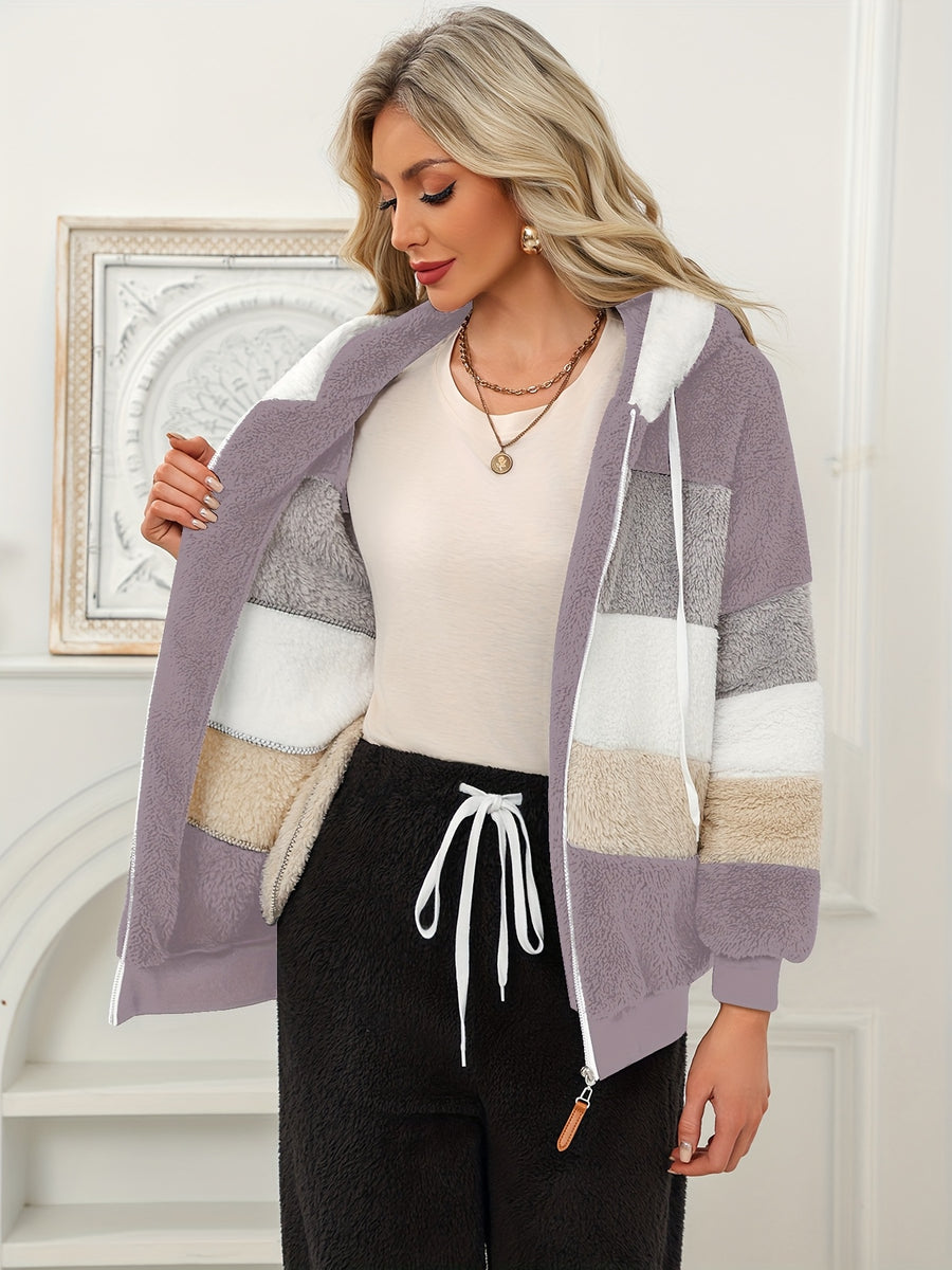 Women'S Warm Fleece Color Block Hooded Jacket Zip Up Chunky Plush Coat with Pockets Casual Loose Fit Winter Outerwear Soft Fluffy Jacket Multiple Colors Available - Violet