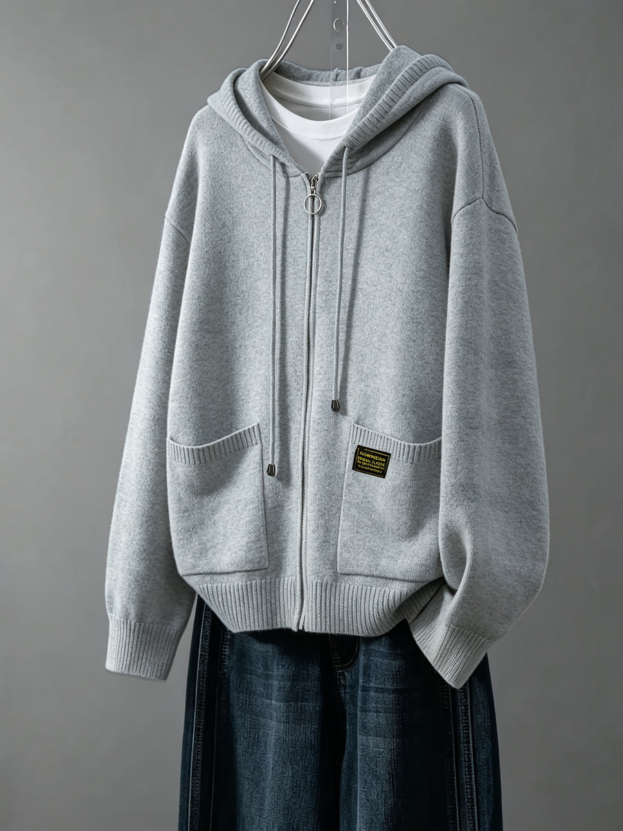Women's Cardigan, Spring/Autumn Lazy Style Sweater Jacket, Loose Fit Outerwear Hooded Top - Grey