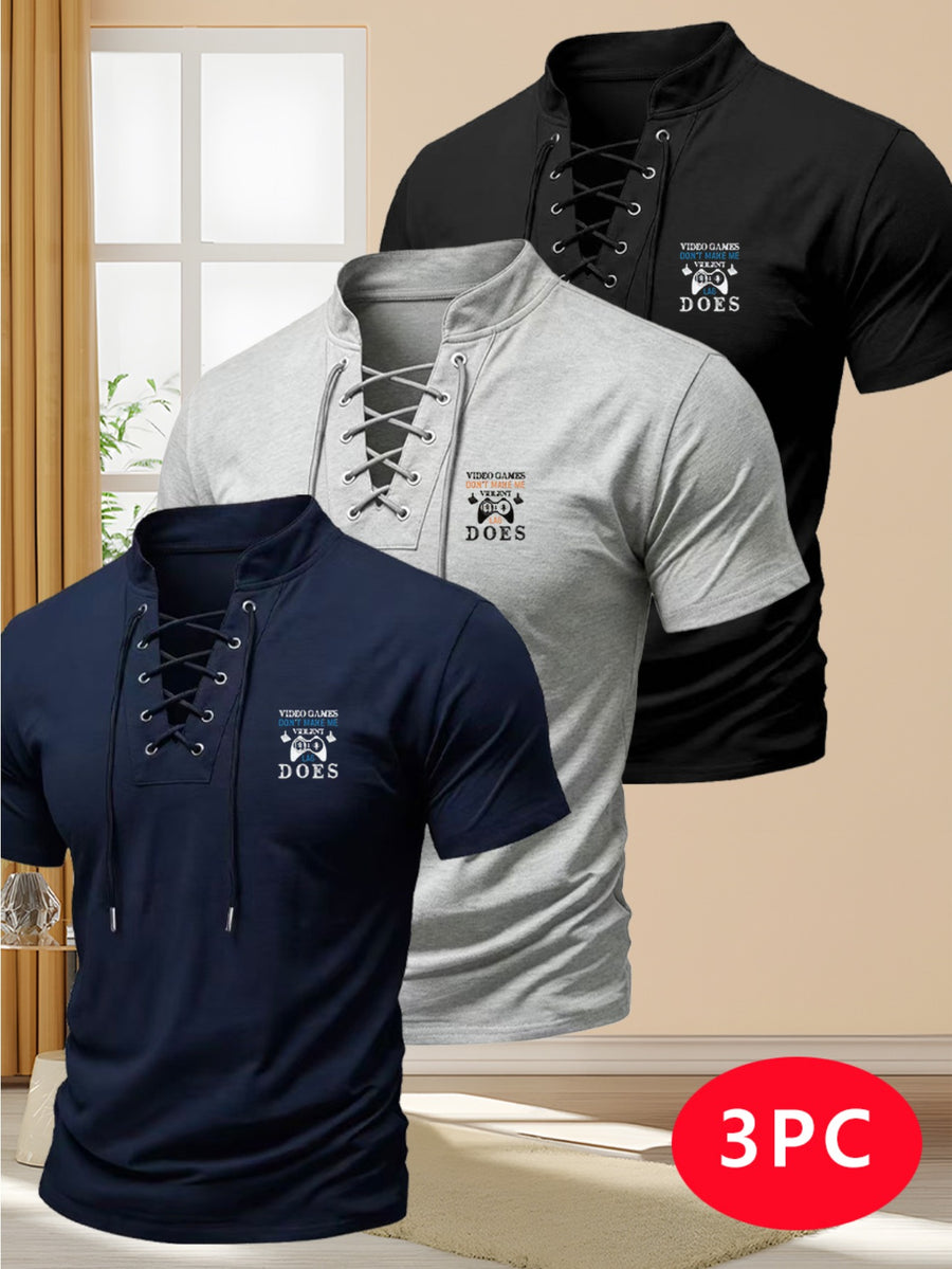 Men's Three-pc Summer New Arrival Solid Color Stand Collar Short Sleeve T-Shirt, American Vintage Style with Unique Drawstring Cross-Over Shoulder Straps, Slim Fit Fashionable Casual Streetwear Sporty Short Sleeve Top - Black+grey+navy Blue