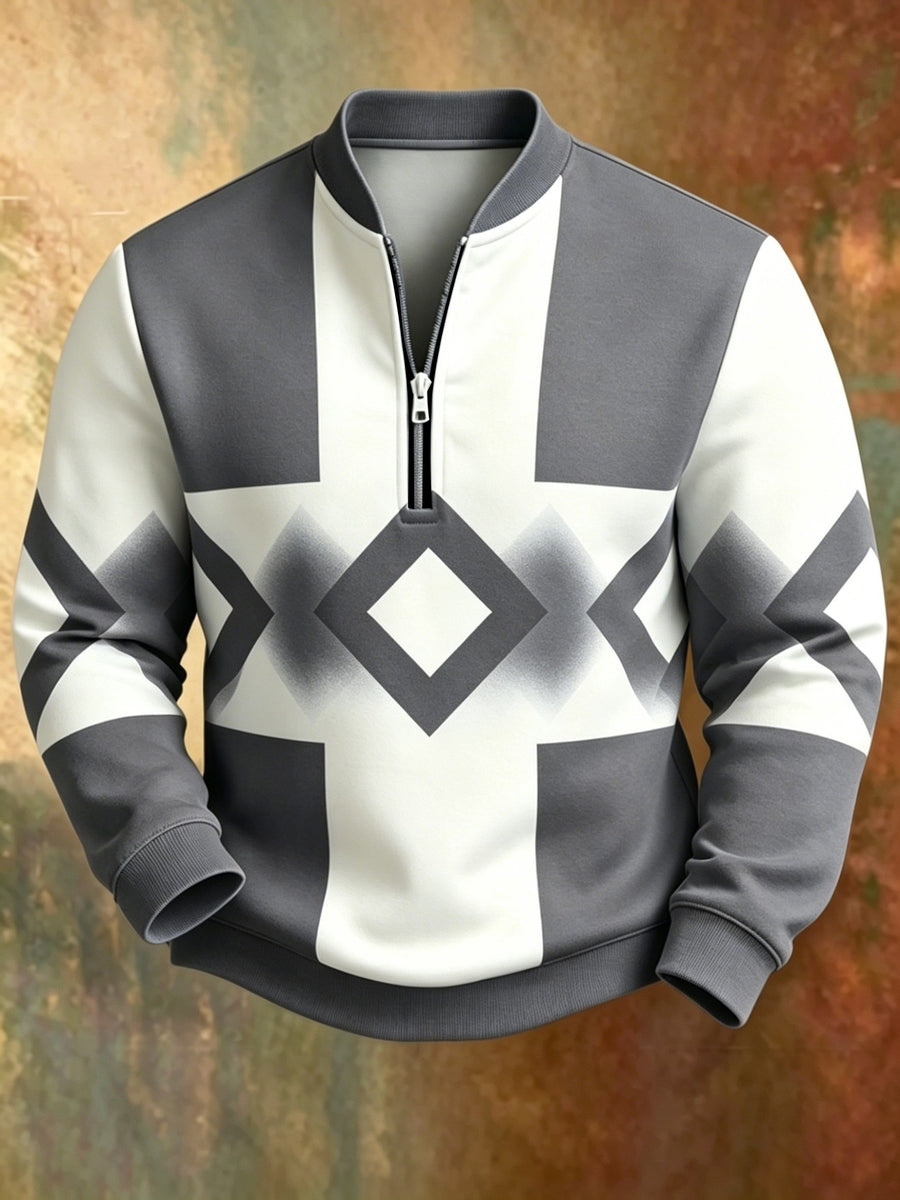 Men'S Autumn Winter Polo Zipper Sweatshirt, Men'S Trendy New Half-Zip POLO Sweatshirt, American Retro Geometric Color-Block Print, High Quality And Durable, Machine Washable, Essential for Daily Casual Gatherings And Outdoors - Mixed Color 1
