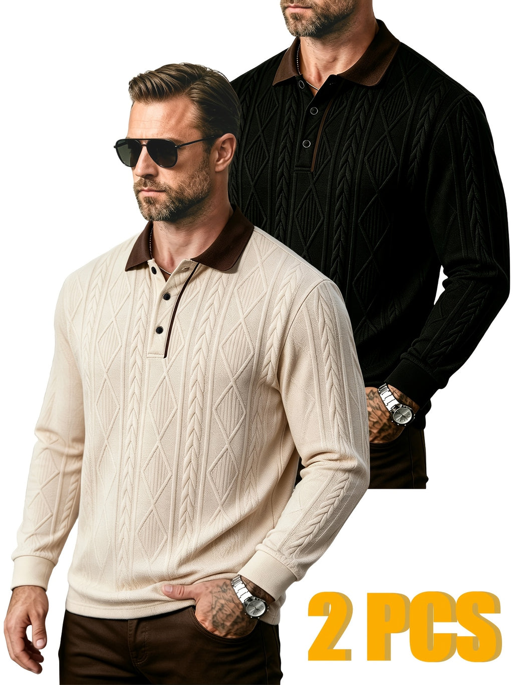 2pcs Men's Fashion Long-Sleeve Polo Shirt | High-End Contrast Color Lapel Jacquard Design T-Shirt | Essential Golf Polo Outfit | Breathable, Warm, Skin-Friendly, and Comfortable | for Indoor Gatherings and Outdoor Sports | Wardrobe Essential Casual - Apricot+Black