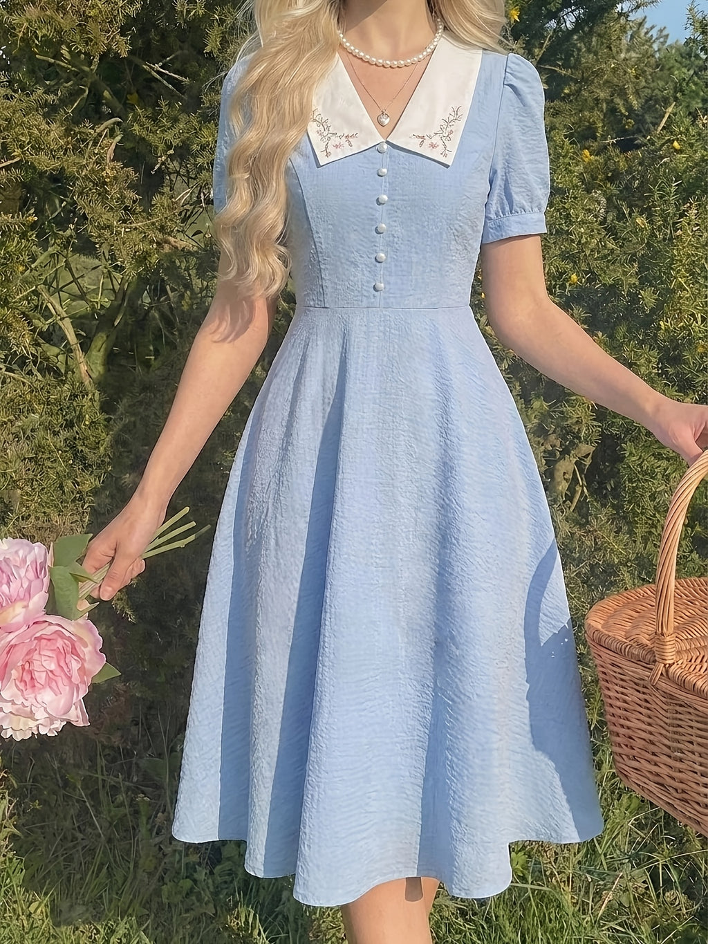 Targeted Elegant Women'S Clothing Solid Color Patchwork Embroidered Collar Short Sleeve Dress - Blue
