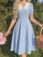 Targeted Elegant Women'S Clothing Solid Color Patchwork Embroidered Collar Short Sleeve Dress - Blue