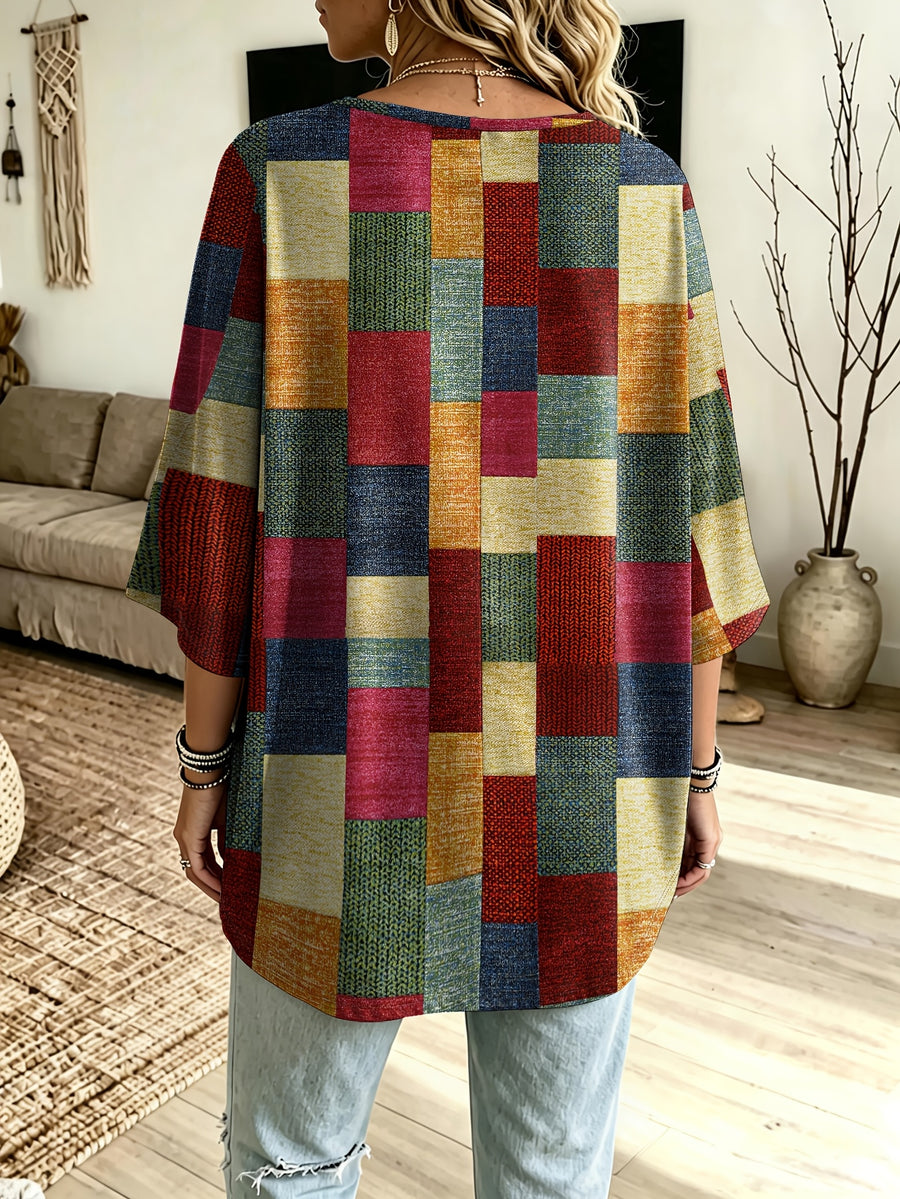 Plus Size - Printed Multicolor Plaid Texture Color-Block Printed Hooded Sweatshirt, Western Plus Size Women'S 3/4 Sleeve Street Trendy Casual Versatile Top, Loose Drop Shoulder Lazy Style Contrast Patchwork Casual Pullover Hoodie (No Additions) - Red And Green Color Matching