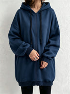 Plus Size, Plus-size Women's Jacket, Fashionable Casual Hooded Pocket Zip-up Sweatshirt Jacket for Outdoor Streetwear and Daily Wear, Warm Regular Fit, for Autumn and Winter - Navy Color