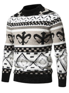 Retro Fair Isle Jacquard Semi-High Neck Sweater Men'S Autumn Winter Knitwear Ethnic Style Casual Pullover Top - White