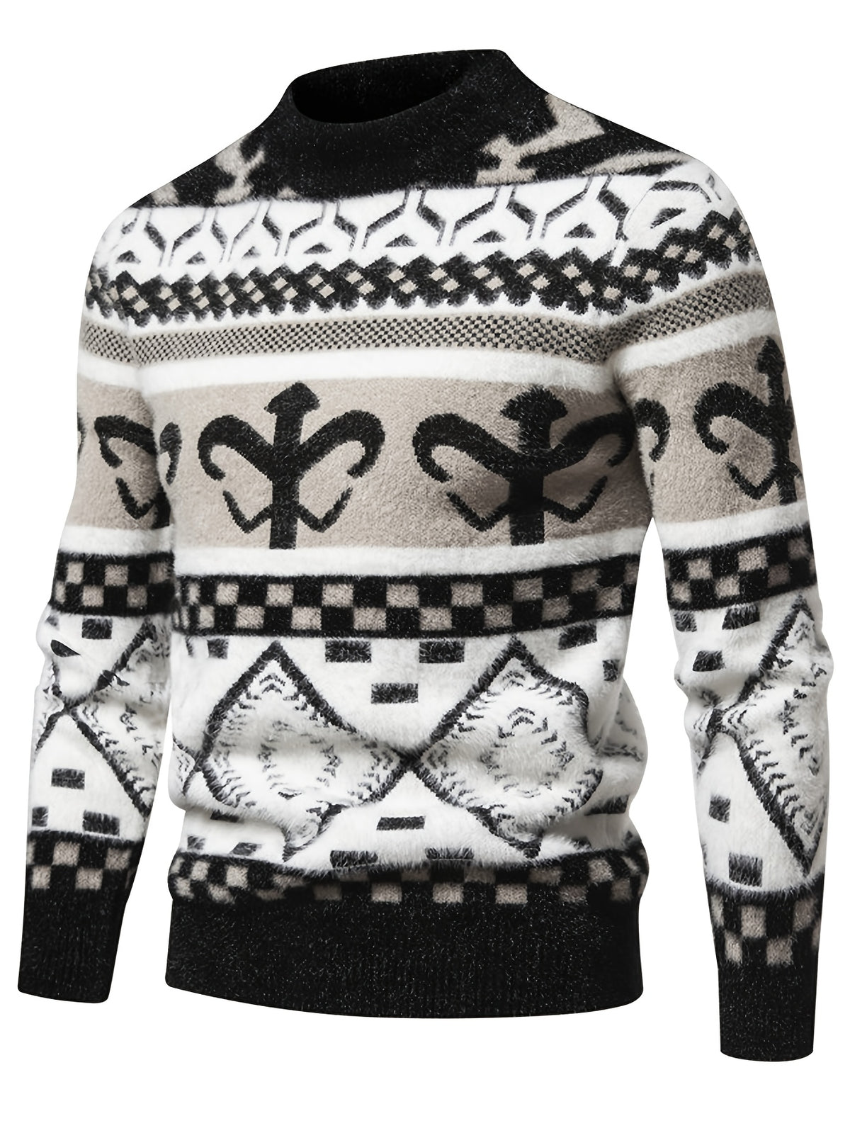 Retro Fair Isle Jacquard Semi-High Neck Sweater Men'S Autumn Winter Knitwear Ethnic Style Casual Pullover Top - White