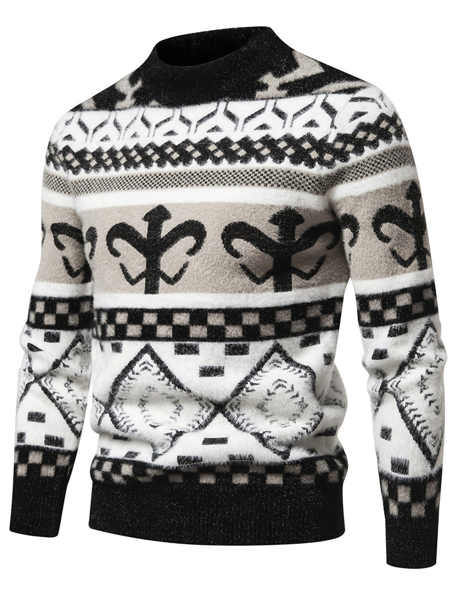 Retro Fair Isle Jacquard Semi-High Neck Sweater Men'S Autumn Winter Knitwear Ethnic Style Casual Pullover Top - White