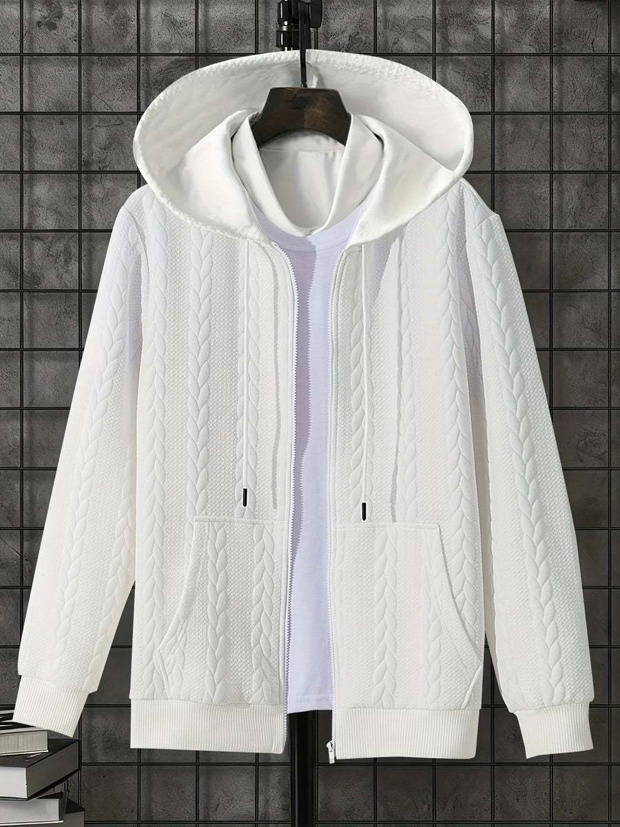 1pc Men'S Casual Knit Thick Hooded Shirt | Premium Soft Texture Skin-Friendly Fabric | Full Zipper Closure Design | Ribbed Cuff Design | Geometric Pattern Jacquard Texture | Loose Comfortable Fit | Soft Skin-Friendly Comfortable Warm | Indoor Office - White