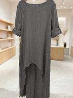 Women' Elegant Asymmetric Oversized Shirt - Loose Fit Long Sleeve Round Neck Blouse with Short Front & Extended Back Length, Layering Piece Suitable for Spring/Fall, Casual to Dressy Wear (No Stretch) - Grey