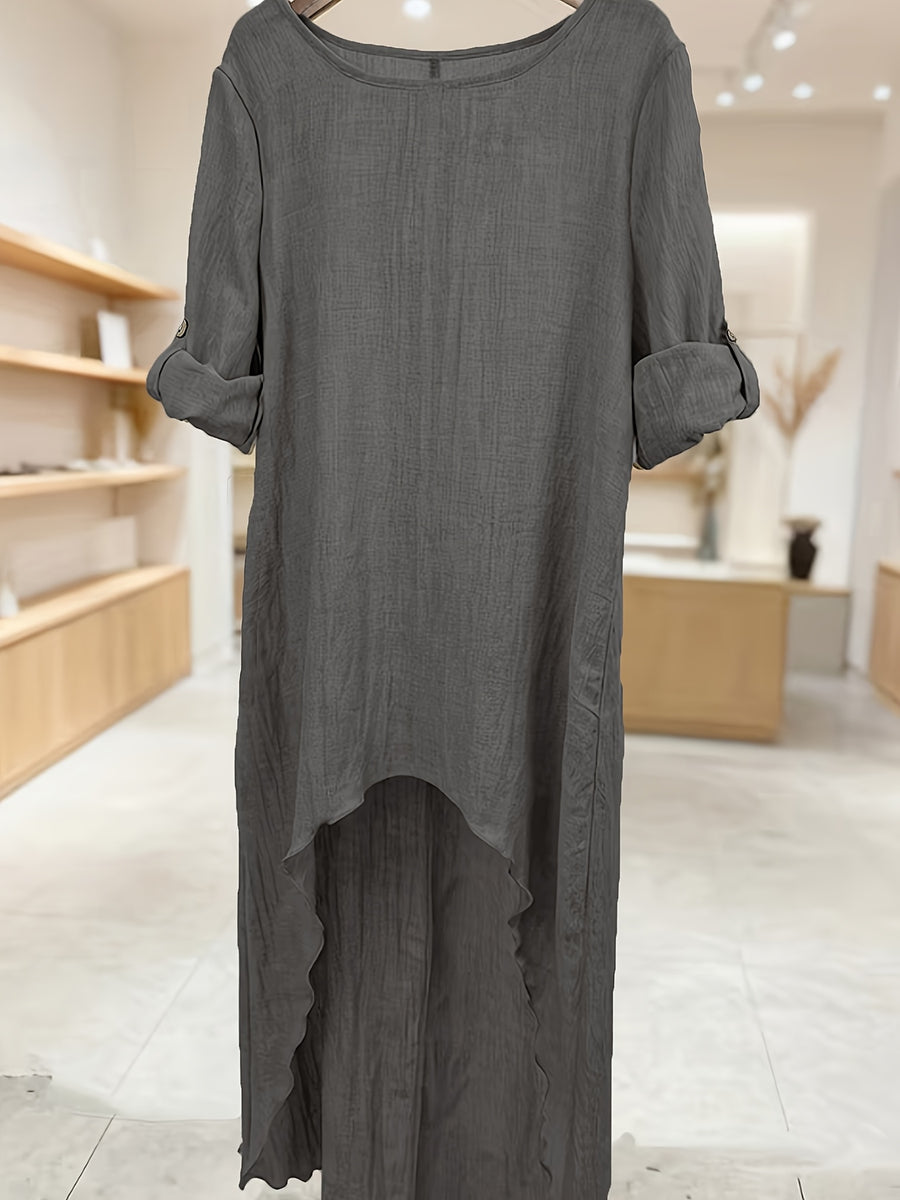 Women' Elegant Asymmetric Oversized Shirt - Loose Fit Long Sleeve Round Neck Blouse with Short Front & Extended Back Length, Layering Piece Suitable for Spring/Fall, Casual to Dressy Wear (No Stretch) - Grey