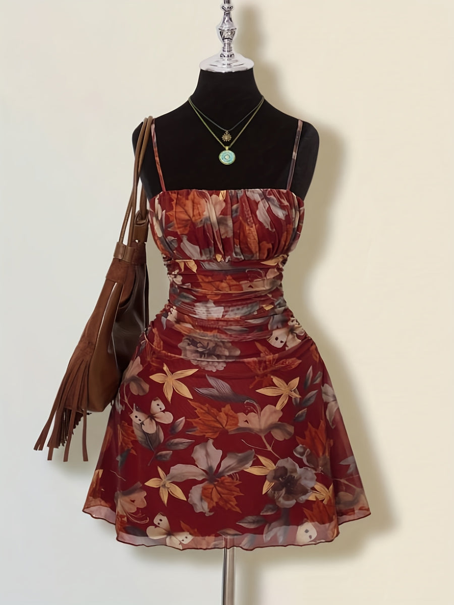 Women'S New Floral Print Ruched Decor A-Line Umbrella Skirt Cami Dress, Fashionable Elegant Vacation Commute Outing, Dating Party, Street Trendy, Casual Wear Short Dress Bridesmaid Gown, Suitable for All Seasons - The color of rouge