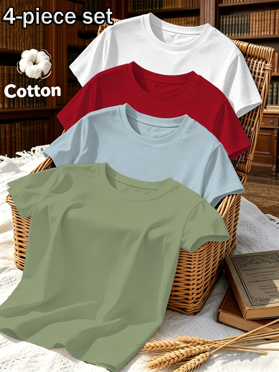 4pcs Set, Spring/Summer 4pcs Set, Solid Color Crew Neck Fashionable Simple Sweet Loose Short Sleeve T-Shirt, Summer/Spring Women's 4pcs Top Set - Army Green + Light Blue + Red + White