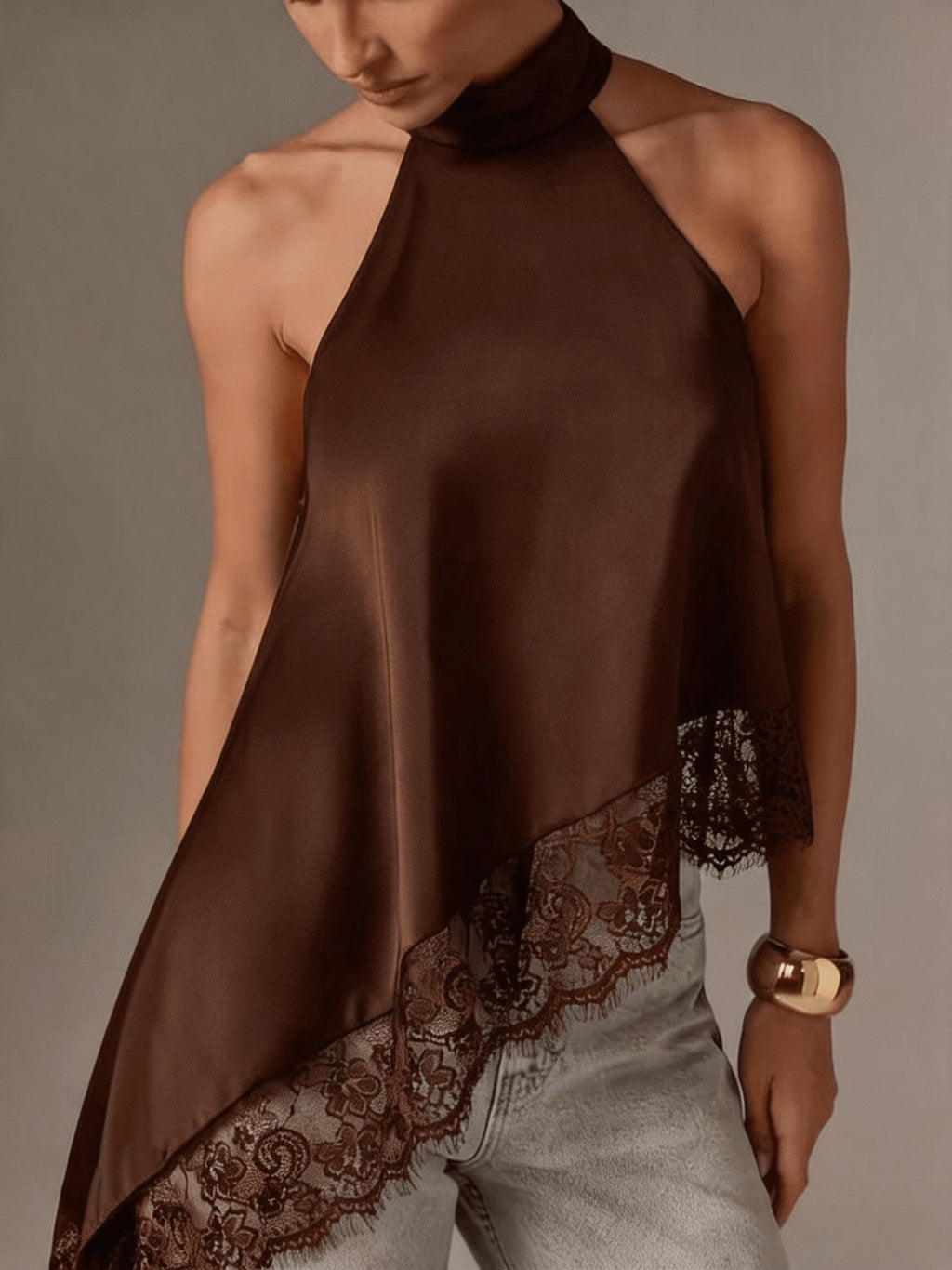 Directional Style Irregular Patchwork Lace Neckline Halter Elegant Temperament Top Halter Vest - Brown
