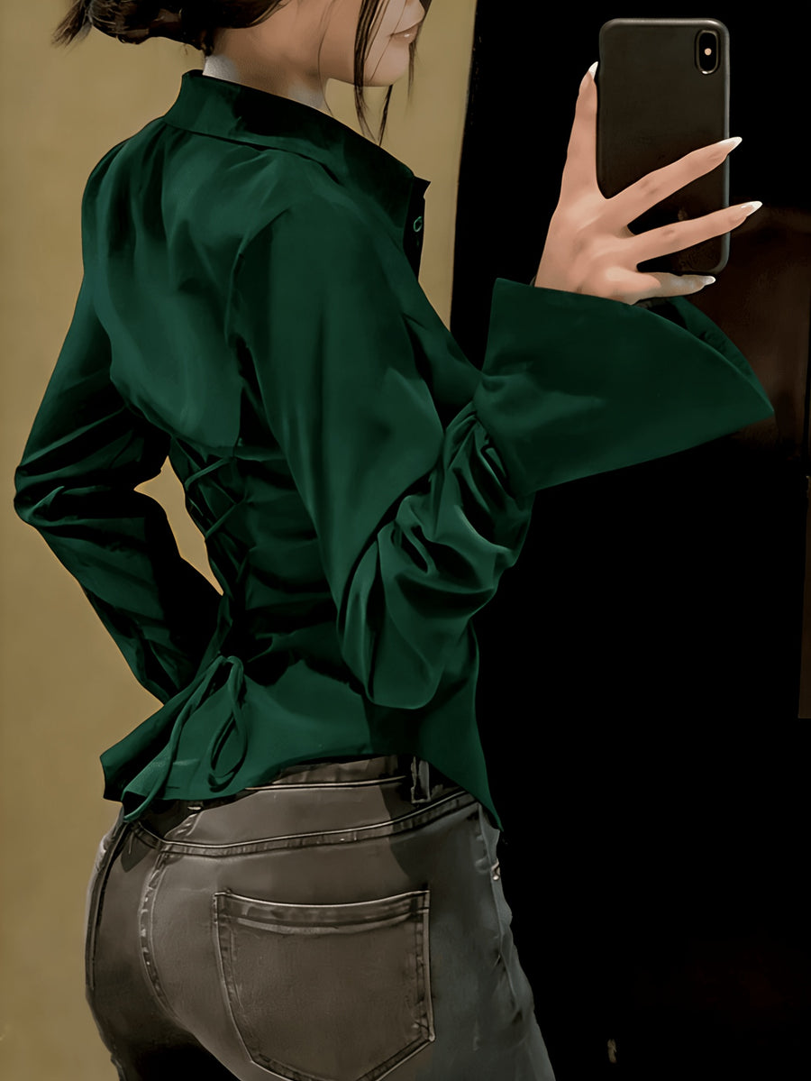 Elegant Women'S Solid Color Shirt, Back Long Sleeve Blouse, Suitable for All Seasons - Dark Green