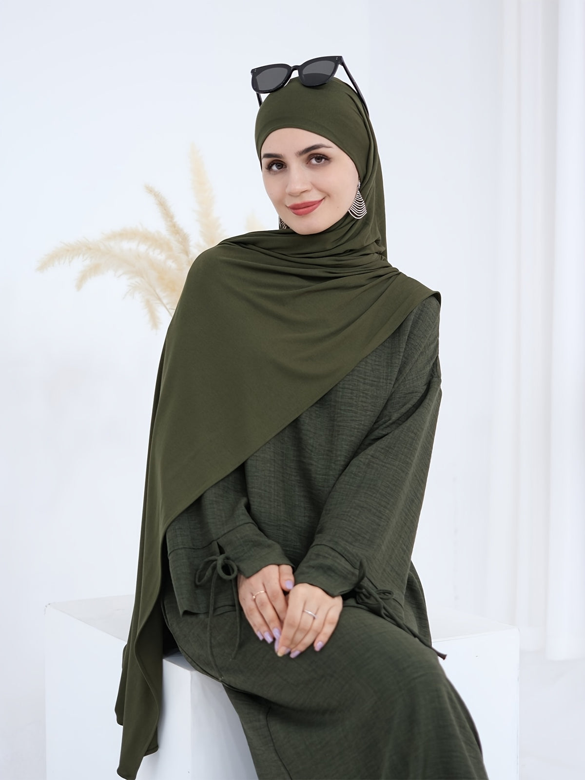 1pc Headless Scarf: Elegant Cuff Drawstring, Comfortable and Casual Solid Color, Suitable for Outdoor Travel and Daily Wear. Loose Women's Abaya Dress. Abayas for Women, Muslim, Women's Long Dresses, Oriental Arabic Robe, Abaya Dress - fern green