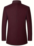 New Men's Tweed Jacket, Mao Suit Style Stand Collar Autumn/Winter Outerwear, Men's Tweed Sports Jacket - Burgundy