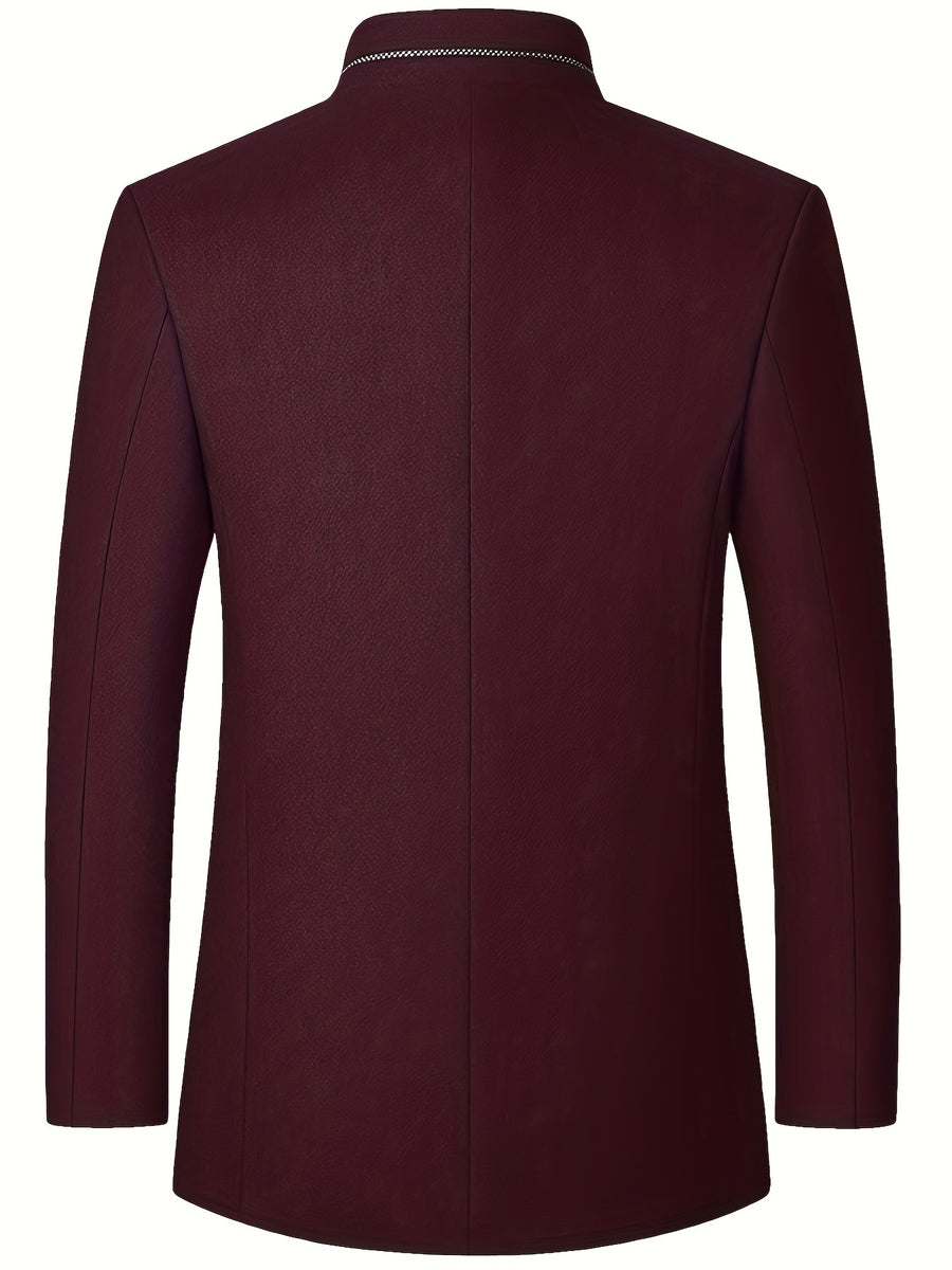 New Men's Tweed Jacket, Mao Suit Style Stand Collar Autumn/Winter Outerwear, Men's Tweed Sports Jacket - Burgundy