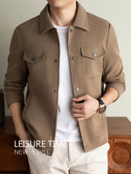 Men's Lightweight Textured Jacket with Button-Front & Collar - Soft Breathable Workwear Coat Suitable for Business Office, Travel, Casual Streetwear, Spring/Autumn Outerwear, Hand Washable Button-Up Blazer - Khaki