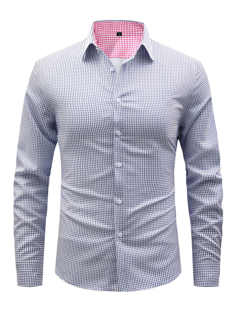 5pcs Men'S Casual Long Sleeve Plaid Shirt Set, Multi-Color Matching, Comfortable And Non-Iron, Lapel Button-Up Design, Essential for Daily Wear - 2 dark blue + light blue rose red jujube red