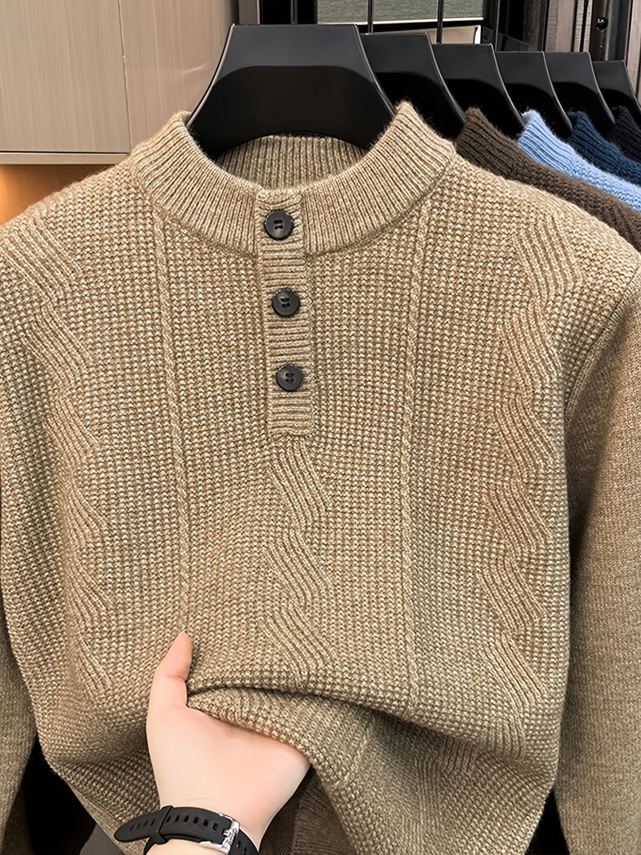 Spring And Autumn Men'S Half-Button Henley Collar Knit Sweater 3D Jacquard Texture Warm Easy And Atmospheric Middle-Aged Men'S Commuter Pullover - Flower Yellow