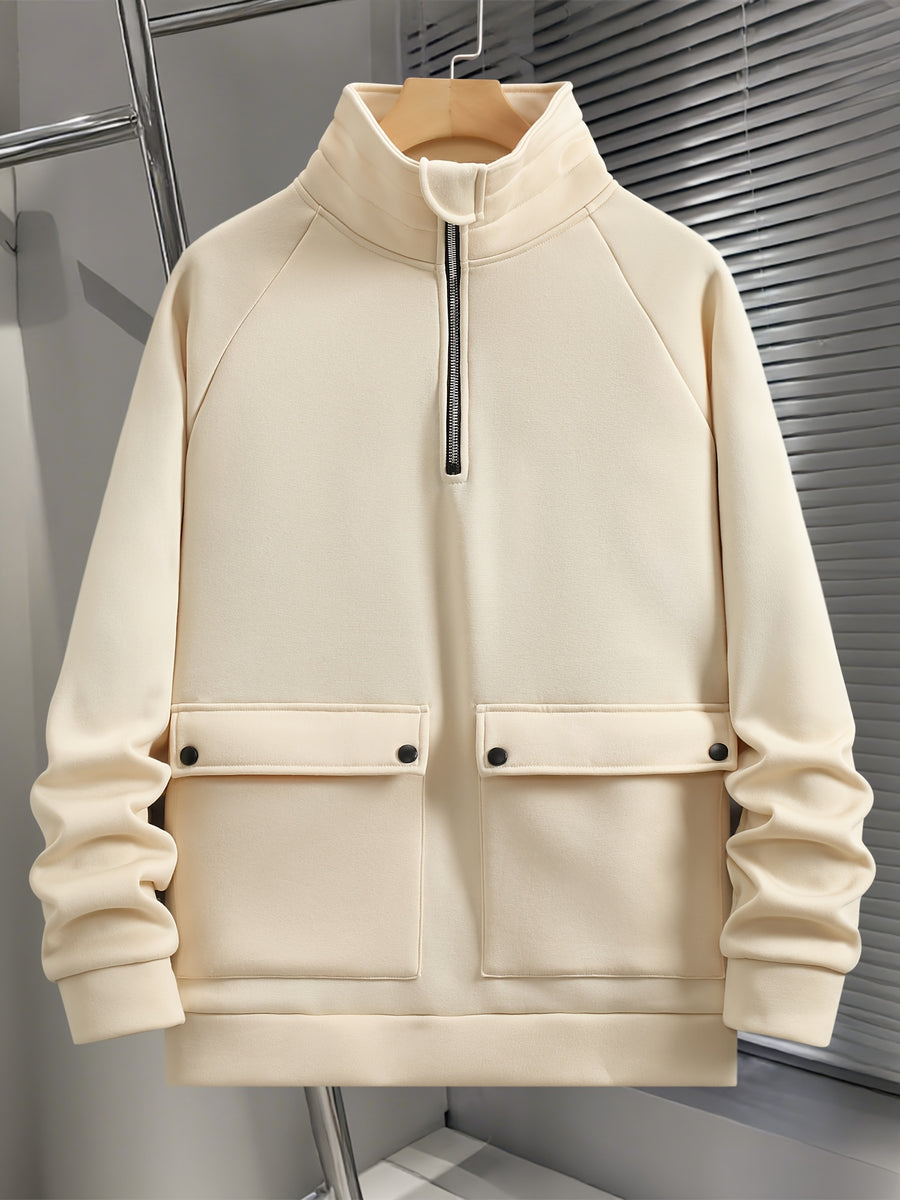Men's Fashion Raglan Sleeve Sweatshirt with Half-Zip Open Neckline, Autumn/Winter Casual Versatile Long-Sleeve Sweatshirt - Apricot