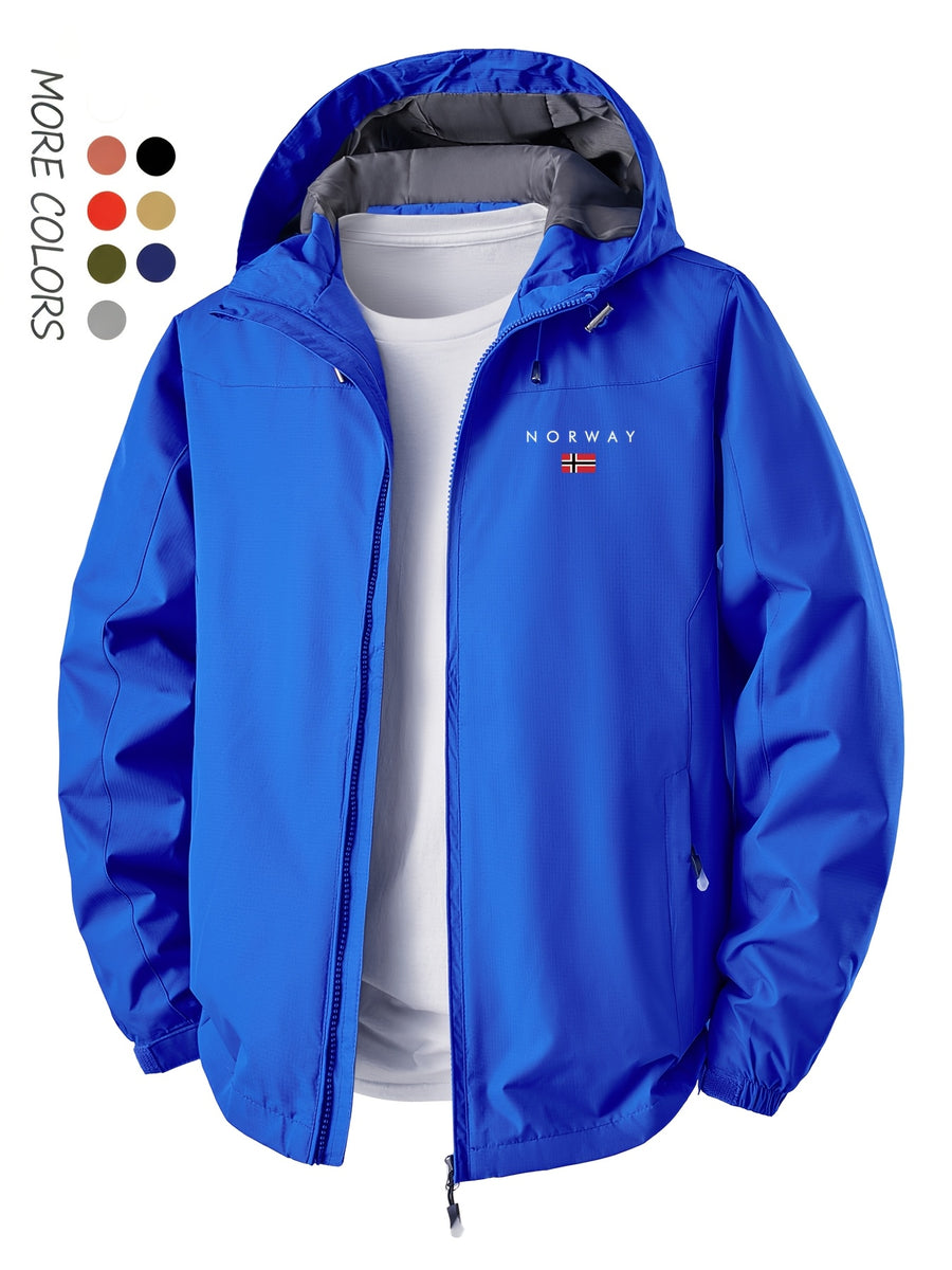 Norway Element Print Jacket Autumn Winter Men'S Outdoor Sports Mountaineering, Hiking Solid Color Jacket Hooded Easy Versatile Youth Fashion Thin Travel Casual Outerwear Men - Multicolor-Blue