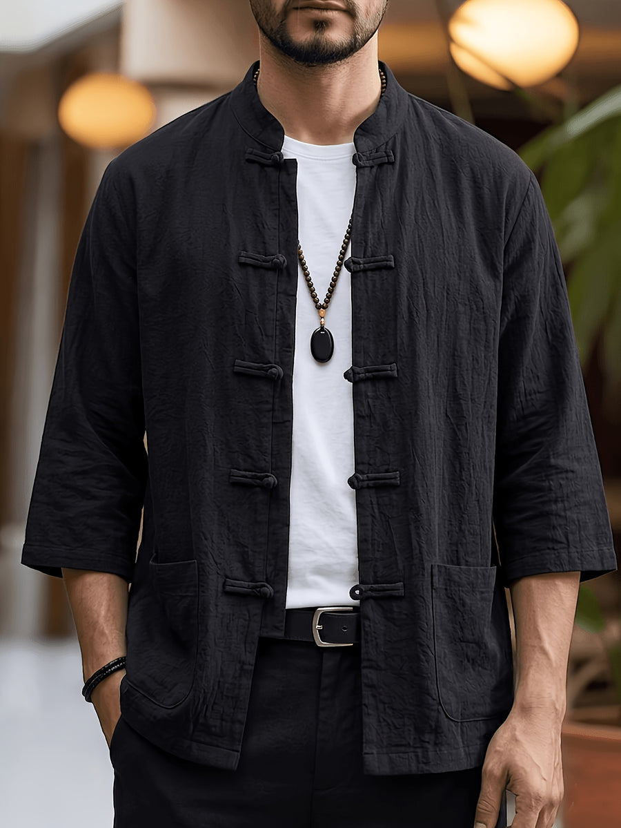 Spring Summer Men'S Top New Linen Short Sleeve Shirt Chinese Style Traditional Ancient Style, Button-Up Loose Casual Fashion Temperament High-End Men'S Comfortable Skin-Friendly Business Easy Style Fabric with Texture - Black
