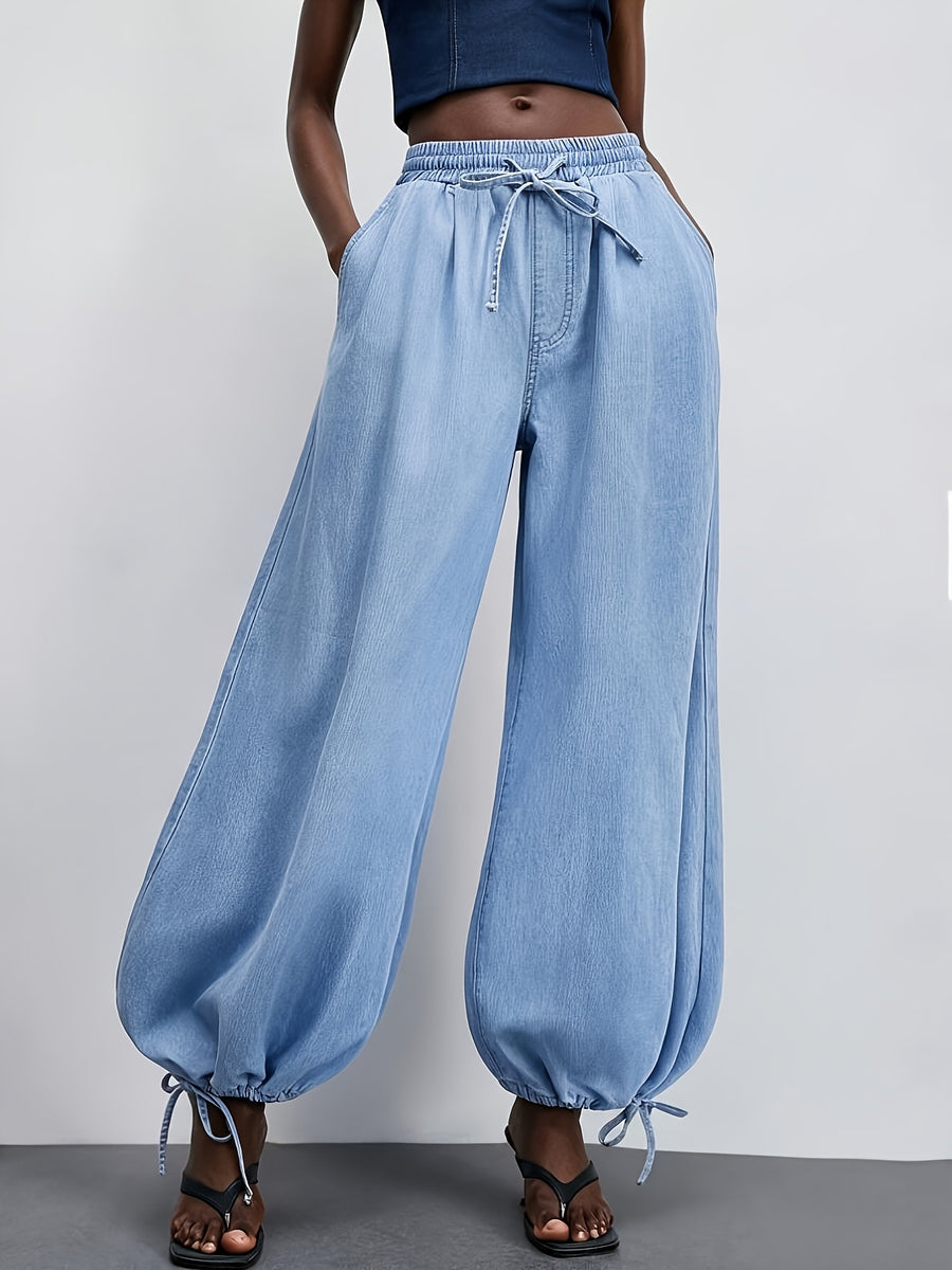 26AW Women's Fashion Stretch Denim Pants, Washed Light Blue, Elastic Waist with Drawstring, Bell-Bottom Hem with Fabric Tie, Loose and Comfortable Fit - Powder blue