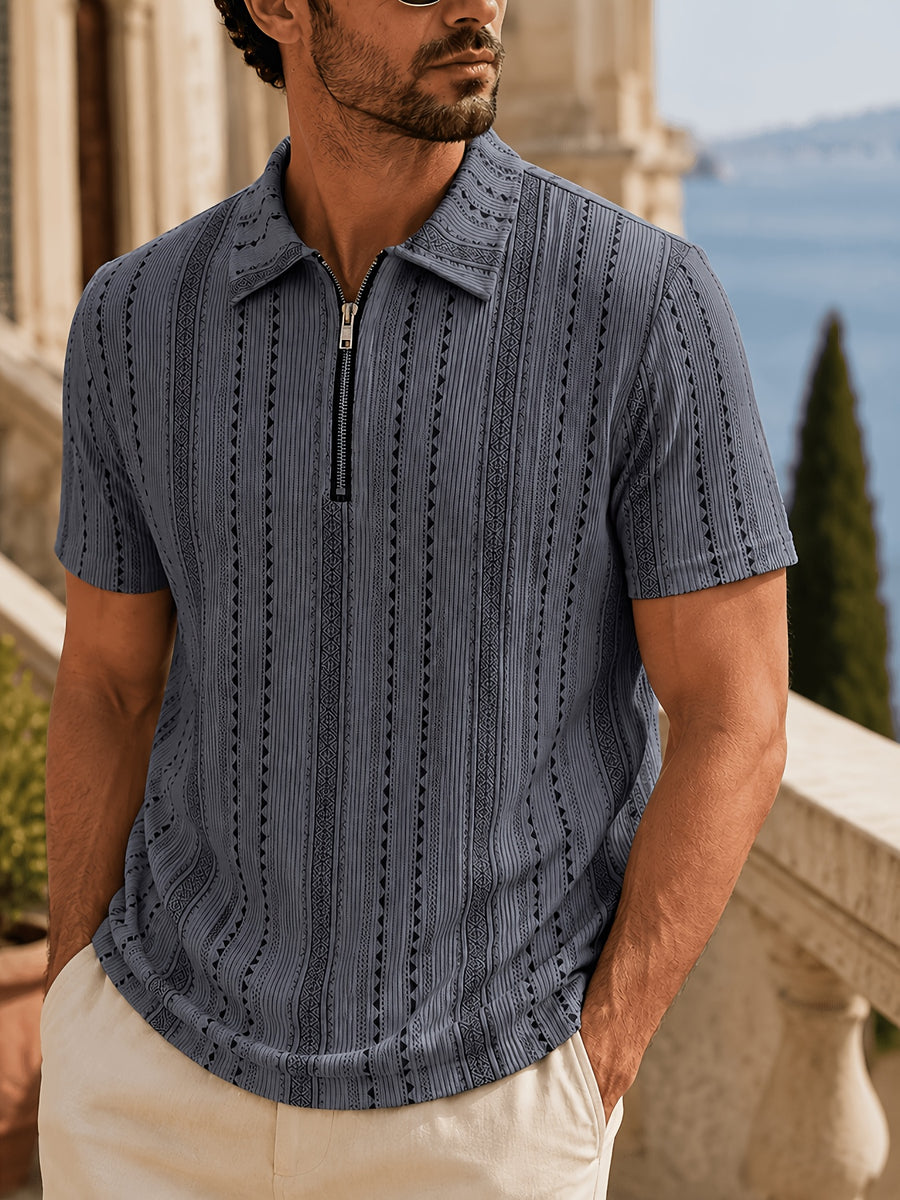 Men's Summer Knit Polo Shirt, Fashion Vertical Jacquard Stripe, Half-Zip Geometric Texture, Suitable for Trips, Business Occasions & Evening Dates - Men's Knit Polo Shirt (Dark Gray)