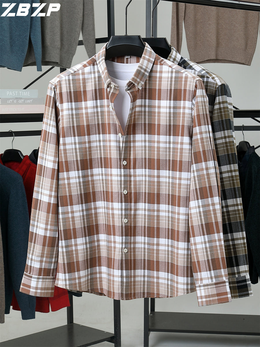 ZBZP Spring/Autumn New Men's Business Casual Solid Color Plaid Long-Sleeve Shirt, Trendy and Versatile Dress Shirt DM - Red