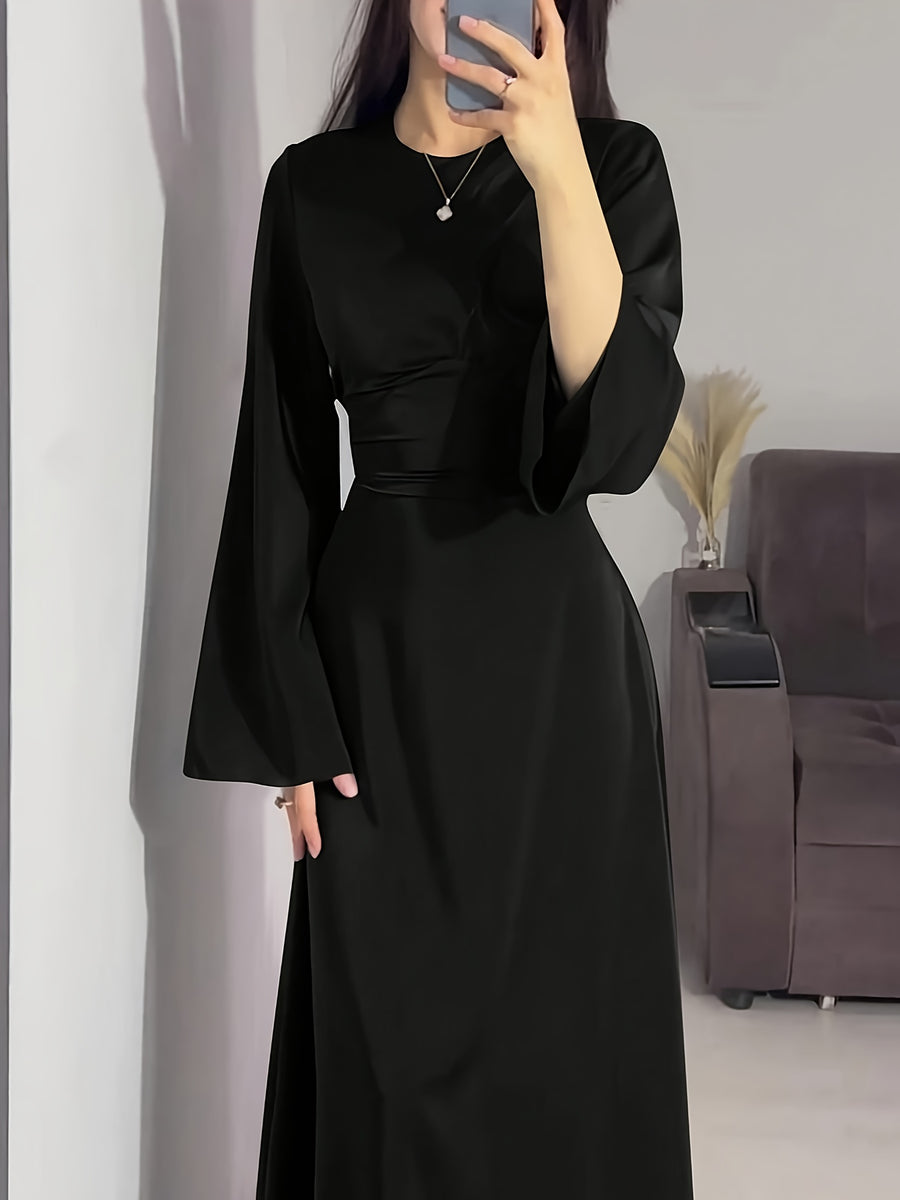Women'S Elegant Temperament Long Back-Tie Long Sleeve Dress - Black