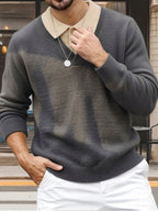 Men'S Retro Color-Block Faux Two-Piece Polo Sweater, Casual Comfortable V-Neck Loose Fit Men'S Autumn Winter Base Layer Knit Top - SINBOS - Coffee Color