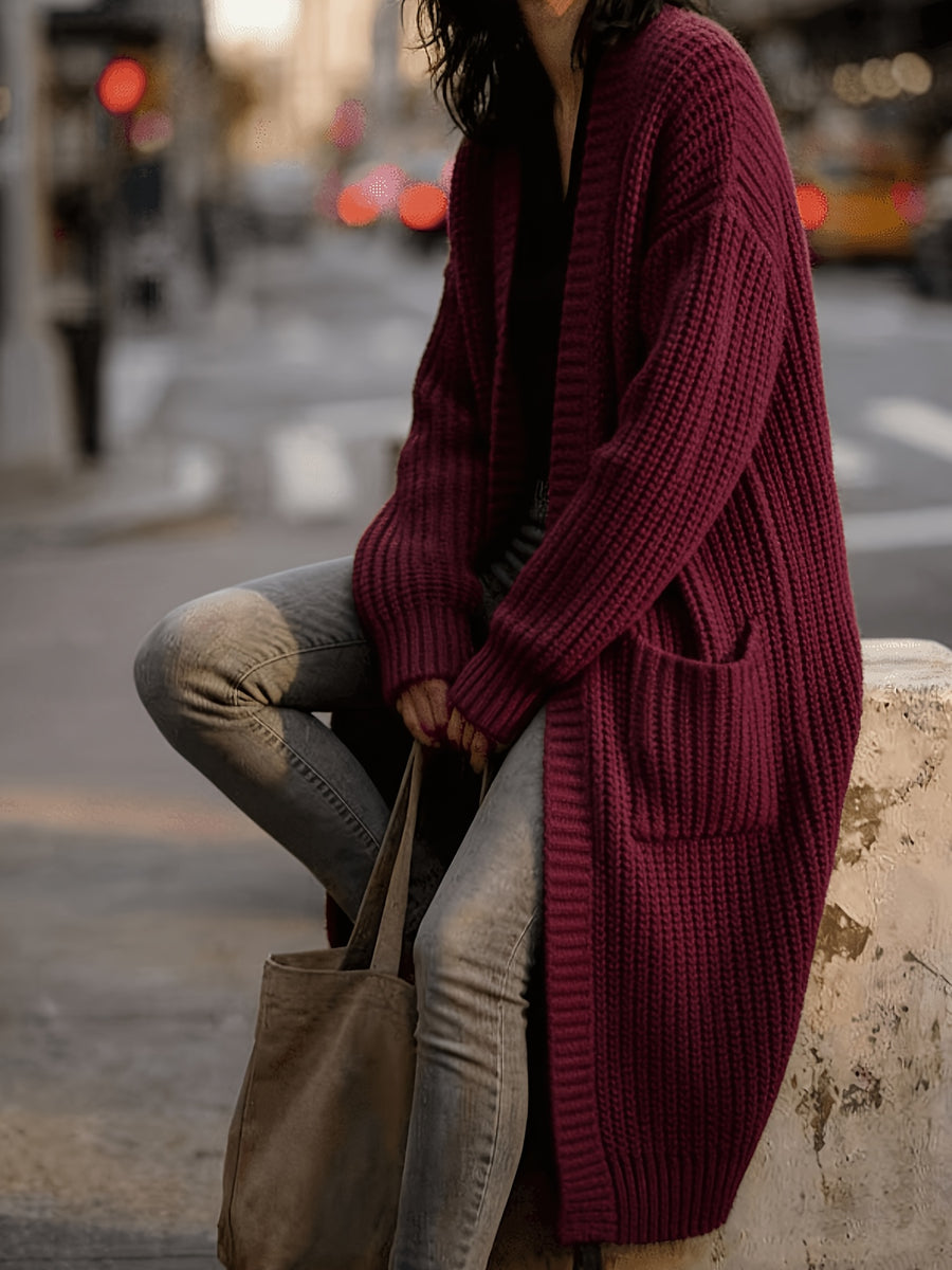 Women'S Solid Color Cardigan Sweater, Casual Long Sleeve Open Front Cardigan - Burgundy
