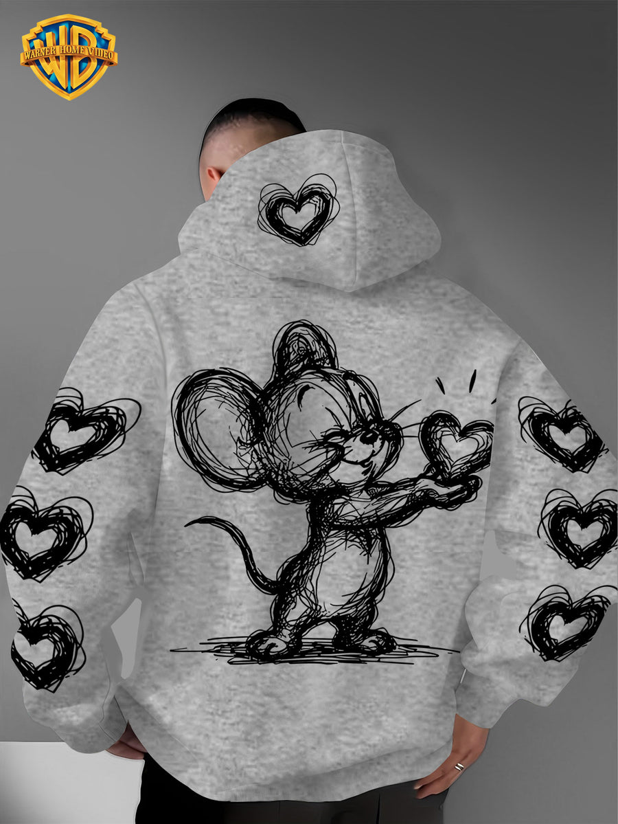 Warner Bros. Officially Licensed Men's Hoodie, Featuring Retro-style Cartoon Character Heart-shaped Pattern Design, Hand-drawn Sketch Art Print, Suitable for Casual Streetwear, Ideal for Daily Wear, for Travel or Weekend Outings - Light Grey