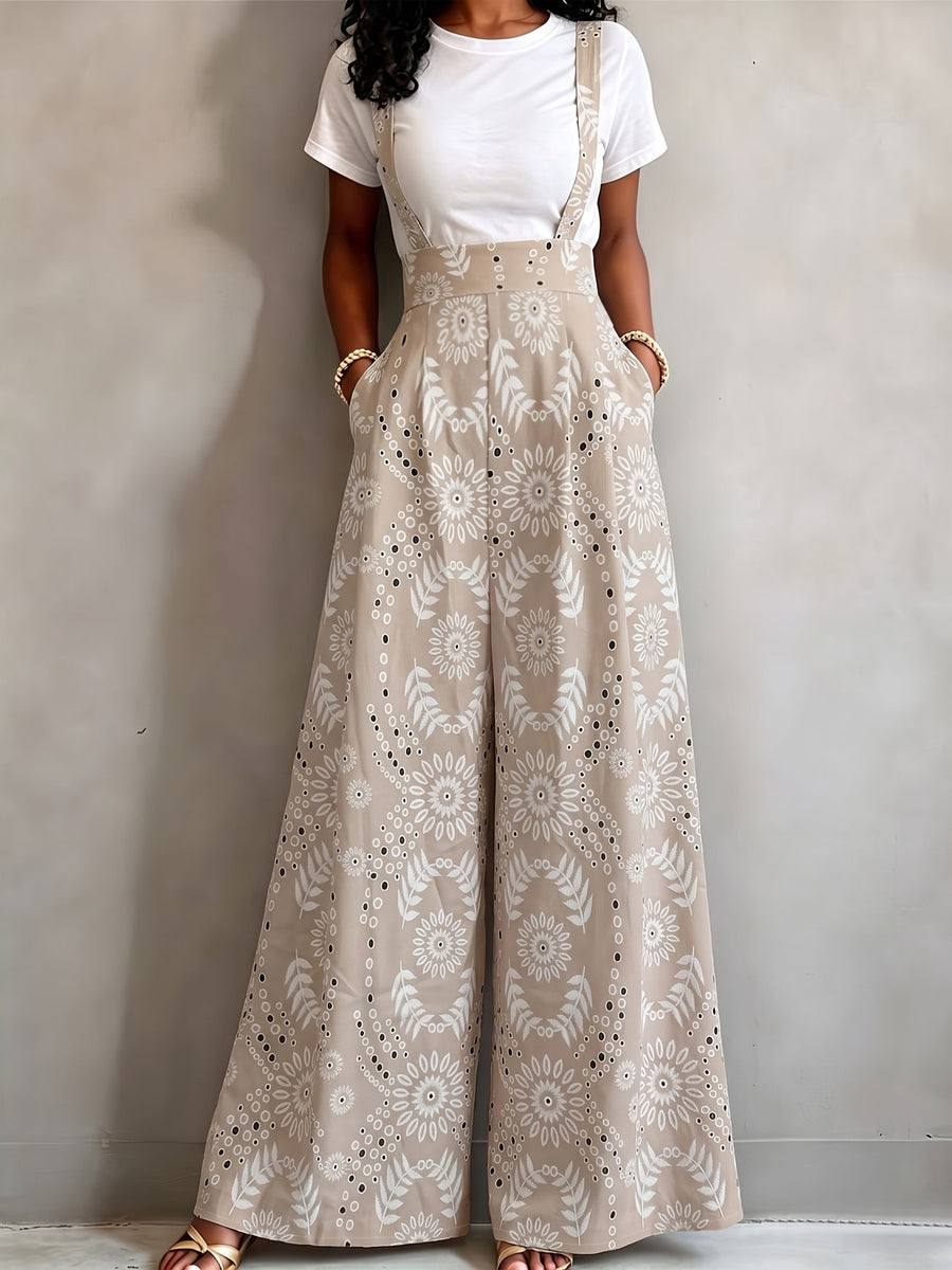 New 2026 Spring/Summer Ethnic Floral Print High-Waist Suspender Wide-Leg Pants for Women. Features a Built-in Back Zipper for a Loose, Figure-flattering Fit. Includes a Hidden Side Waist Zipper and Practical Side Pockets for Storing Small Items. - Khaki