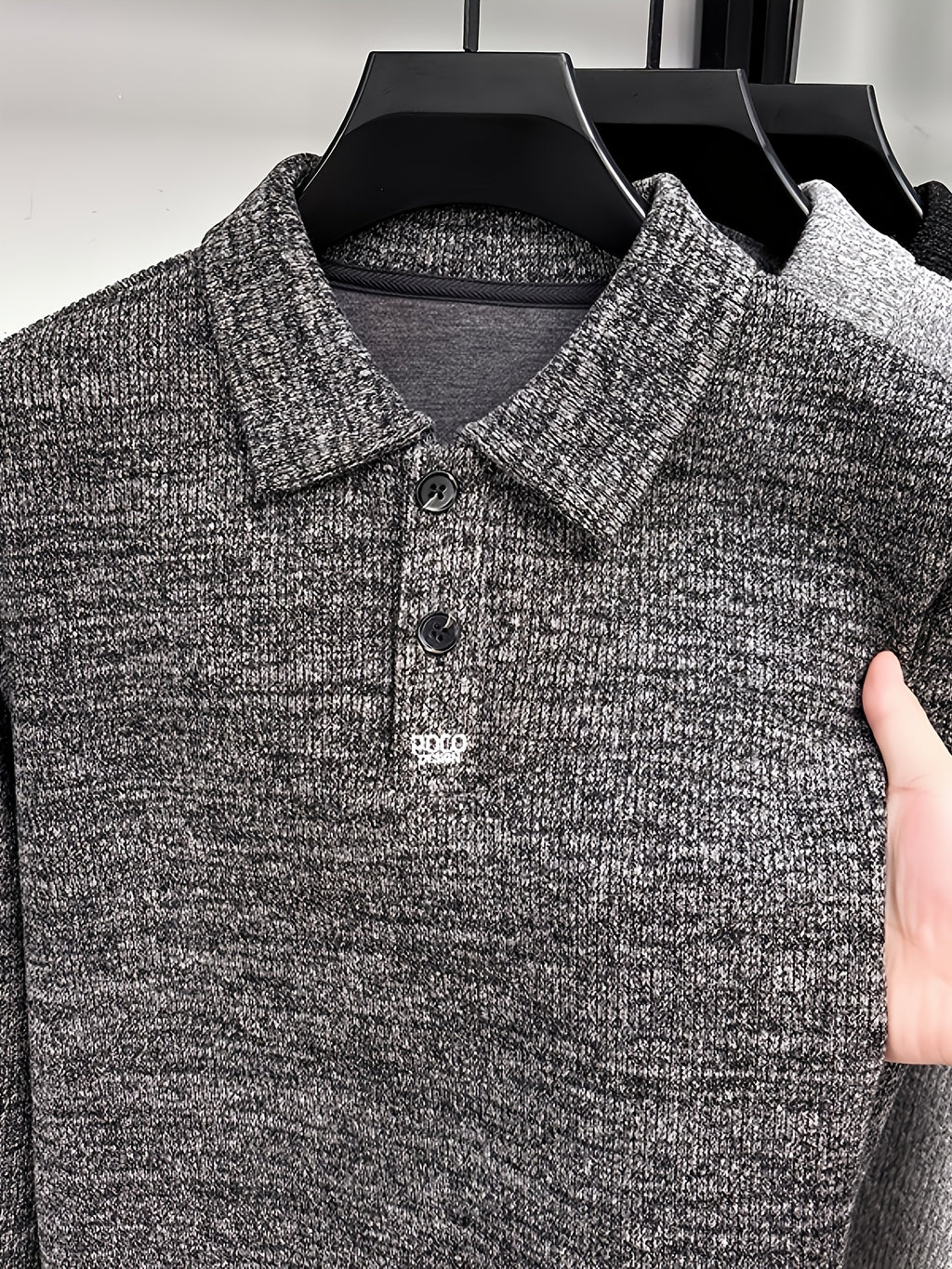 Men's Multi-Color Floral Yarn Lapel Polo Knit Shirt for Autumn, Long Sleeve Thick Pullover Top with Textured Finish, Suitable for Business Commuting, Business Trips & Parties, Daily Home Wear, and Casual Layering - Mist Rock Hemp Ash Gray