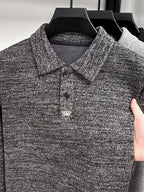 Men's Multi-Color Floral Yarn Lapel Polo Knit Shirt for Autumn, Long Sleeve Thick Pullover Top with Textured Finish, Suitable for Business Commuting, Business Trips & Parties, Daily Home Wear, and Casual Layering - Mist Rock Hemp Ash Gray